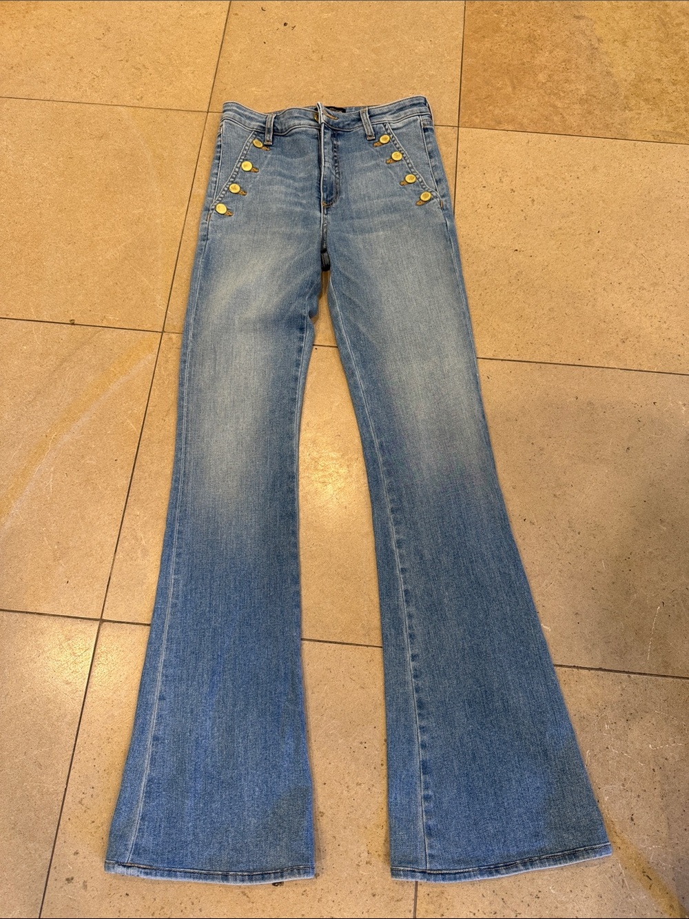 Ramy Brook Light Blue Flare Jeans with Gold Buttons